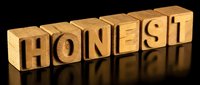 Wooden letter blocks spelling HONEST on reflective black surface. Business ethics, integrity, trust and moral values concept for corporate presentations.