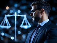 Middle Eastern male lawyer in suit and glasses stands before glowing scales of justice symbol against dark background with bokeh lights, representing legal expertise.