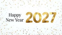 Happy New Year 2027 greeting card with gold metallic numbers and festive confetti stars on white background, suitable for holiday celebrations and seasonal marketing.