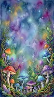 Enchanted forest floor with glowing mushrooms, magical plants, and luminous stars in watercolor galaxy background, suitable for fantasy artwork, children's book illustrations, and mystical design projects.