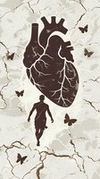 Artistic silhouette of human figure walking towards anatomical heart surrounded by butterflies on marble textured background. Dark brown elements create dramatic contrast.