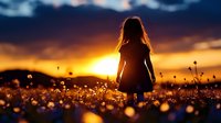 Young woman silhouette walking through wildflower meadow at golden hour sunset with dramatic sky and warm lighting for inspirational lifestyle content.