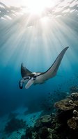 Majestic manta ray gliding through crystal clear tropical waters with dramatic sunbeams filtering from surface above vibrant coral reef ecosystem.