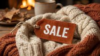 Cozy autumn sale tag on warm knitted sweater with fireplace and hot drink in background, seasonal shopping concept.