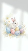 Watercolor Easter bunny sitting among colorful speckled eggs and spring flowers on soft neutral background for holiday greeting cards and decorations.