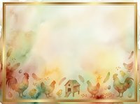 Watercolor farm scene with roosters, hens, and countryside cottage surrounded by soft pastel colors and golden frame border, suitable for children's book illustrations and farmyard designs.