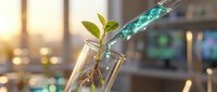 Laboratory plant growth experiment with syringe injecting green solution into test tube containing seedling in modern research facility.