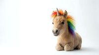 Adorable plush unicorn toy with rainbow mane sitting on white background, perfect for children's products, nursery decor and fantasy themed designs.
