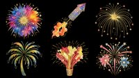 Colorful fireworks clipart set with bursts, rocket, and star explosions, isolated on transparent background. Great for T-shirts, stickers, sublimation, and print on demand.