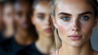Young woman with striking blue eyes and natural makeup in soft focus portrait, with blurred figures in background creating depth and atmosphere for beauty and fashion concepts.
