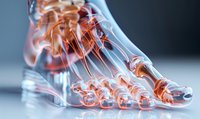 Anatomical visualization of foot bones with highlighted pain areas shown in glowing red and orange, demonstrating inflammation and nerve pathways on transparent model.
