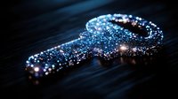 Glowing blue key silhouette with magical sparkles and bokeh effect on dark background creates mystical atmosphere for fantasy and security concepts.