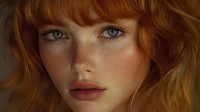 Young redhead woman with freckles and blue eyes looking directly at camera with natural makeup and wavy hair in soft lighting portrait.