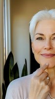 Elegant mature woman with silver hair and natural makeup smiling confidently by window, touching chin thoughtfully. Soft natural lighting highlights graceful aging.