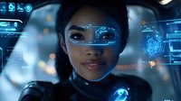 Young African American woman wearing futuristic augmented reality glasses with holographic interface display, digital technology concept in dark blue sci-fi environment.
