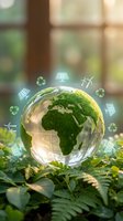 Green earth globe with renewable energy icons floating above lush plants symbolizing environmental sustainability and eco-friendly technology solutions.