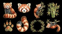 Watercolor red panda clipart set with bamboo, wreath, paw print, and tail, isolated on transparent background, ready for stickers, t-shirt design, and print on demand.