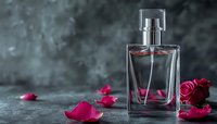 Glass perfume bottle with pink rose petals scattered on dark textured background. Romantic fragrance concept with soft natural lighting and reflective surface.