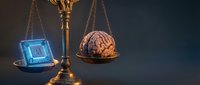 Golden scales of justice balancing human brain against glowing AI processor chip representing artificial intelligence versus human intelligence conflict.