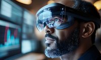 African American man wearing futuristic augmented reality headset viewing digital data and financial charts in modern office environment.