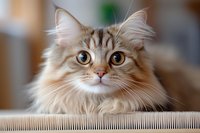 Portrait of fluffy Siberian cat with large amber eyes and silver tabby markings on cream coat, looking directly at camera with alert expression.