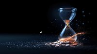 Glowing hourglass with flowing sand transforming into golden coins on dark background, symbolizing time value of money and financial investment concept.