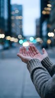 Cupped hands outstretched in a city street with bokeh lights and buildings, symbolizing hope, giving, or receiving in urban life.