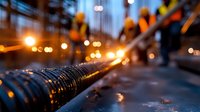 Blurred construction workers in safety gear at dusk with focus on metal railing, illuminated by warm street lights creating atmospheric urban scene with bokeh effect.