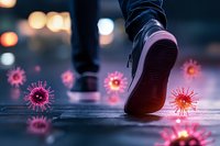 Sneaker-clad foot stepping between glowing pink virus particles on wet street surface with bokeh lights, representing pandemic spread and public health awareness.
