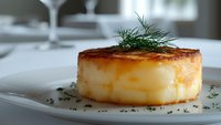Perfectly seared scallop with fresh dill garnish on white plate, showcasing golden-brown caramelization and tender center for gourmet seafood presentation.