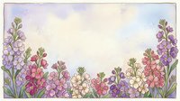 Watercolor floral border with purple, pink, and cream wildflowers framing a soft pastel sky background, perfect for greeting cards and invitations.