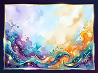 Vibrant watercolor abstract landscape with flowing waves of purple, blue, orange and gold creating dynamic swirling patterns and ethereal clouds.