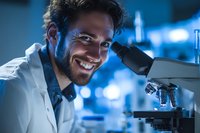 Smiling male scientist in white lab coat examining sample through microscope in blue-lit laboratory environment during research work.