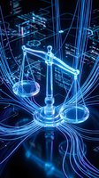 Digital justice scales with glowing blue neon light effects on futuristic technology background for legal tech and cyber law concepts.