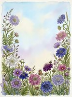 Watercolor wildflower border with purple, pink and blue blooms, butterfly, bee, and soft sky background, perfect for cards and invitations.