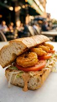 Crispy fried shrimp sandwich with fresh tomatoes and lettuce on artisan bread served at outdoor restaurant with warm bokeh lighting background.