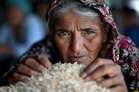 Senior Asian woman in traditional headscarf examining rice grains with weathered hands, capturing authentic cultural moment in natural lighting with shallow depth of field.