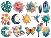 Watercolor botanical and celestial elements including monstera leaf, peony flower, crystals, gemstones, crescent moon, sun, hummingbird, butterfly, and watercolor splashes. Isolated clipart for design projects.