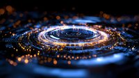Glowing circular pattern with blue and orange light effects creates futuristic technology concept. Abstract digital background with bokeh and spiral motion elements.