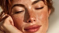 Young woman with freckles and closed eyes in warm sunlight showing natural beauty and peaceful expression for skincare and wellness concepts.
