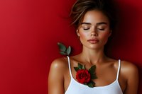 Young woman in white tank top holding red rose against crimson background, eyes closed in serene expression, natural makeup and tousled hair styling.