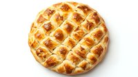 Golden-brown round bread with diamond-shaped scoring pattern on white background, freshly baked with crispy crust for food photography.