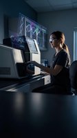Female scientist analyzing DNA data on holographic display in modern laboratory with advanced technology equipment for genetic research and biotechnology.