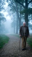 Senior Caucasian man with walking cane strolling through misty tree-lined path in peaceful morning fog atmosphere for wellness and aging concepts.