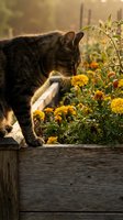 Tabby cat sniffing yellow marigold flowers in garden during golden hour sunset light on wooden fence with warm bokeh background.