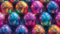 Colorful iridescent glass spheres with crackled surface texture arranged in rows creating abstract pattern of vibrant rainbow reflections and refractions.