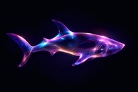 Luminous shark silhouette with cosmic galaxy texture and glowing neon edges against dark background, featuring vibrant purple and blue ethereal effects.