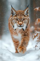 Majestic Eurasian lynx walking through deep snow during winter storm, close-up portrait showing distinctive facial features and intense blue eyes against snowy background.