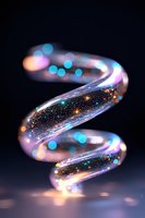 Luminous spiral shape with glowing particles and bokeh effects on dark background, featuring iridescent glass-like surface with scattered sparkles and cosmic dust.