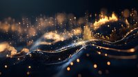 Glowing golden particles and light waves flow on dark background with bokeh effect, creating magical abstract digital art composition.